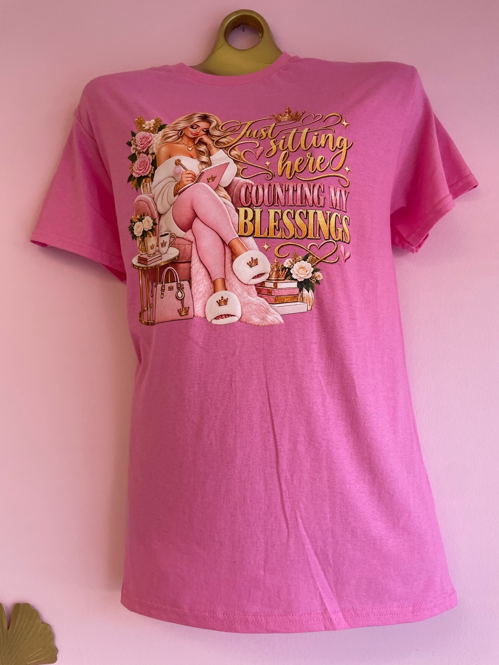 Just Sitting Here Counting My Blessings Pink Graphic Tee